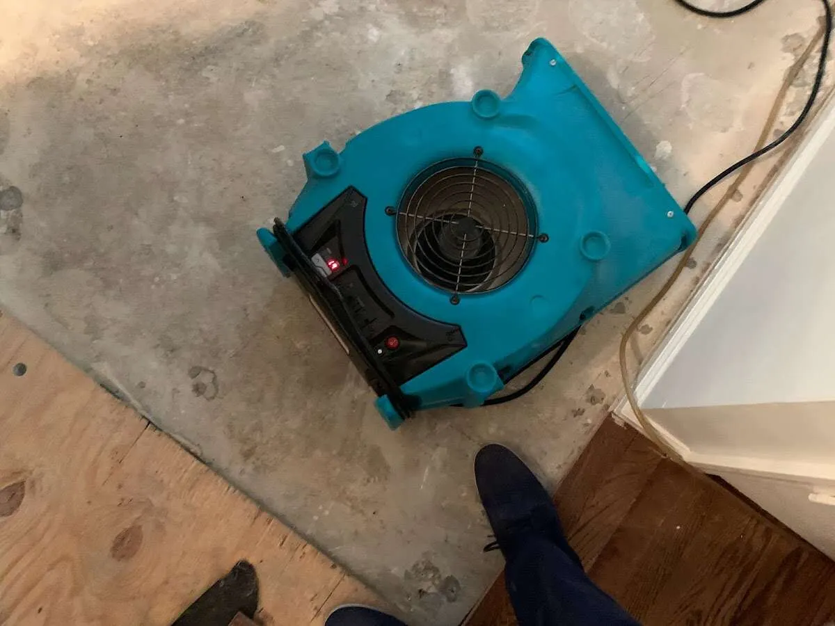 Air mover drying subfloor during Commercial Water Damage Restoration in Norwood